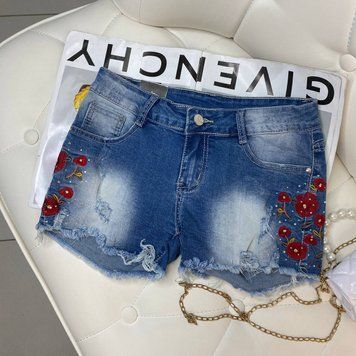 Шорты джинсовые на девочку с красными цветами Синие 3052, Miss & Girl, Синий, Для девочек, Лето, 146 3052 фото