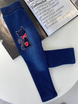 Леггинсы для девочки под джинс с котиком Синие 9827, F_D, Синий, Для девочек, Зима, 92 9827 фото