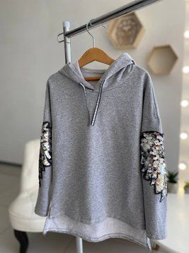 Кофта с капюшоном худи на девочку с пайетками Серая 293741, ITALY moda, Серый, Для девочек, Весна Осень, 122 293741 фото