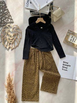 Костюм лонгслив с капюшоном джинсы с леопард Оливковый 25117 , 104, MIAO MIAO, Оливковый, Для девочек, Весна Осень, 110 25117 фото